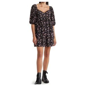 WAYF women's medium black floral puff‎ sleeve babydoll mini dress pockets